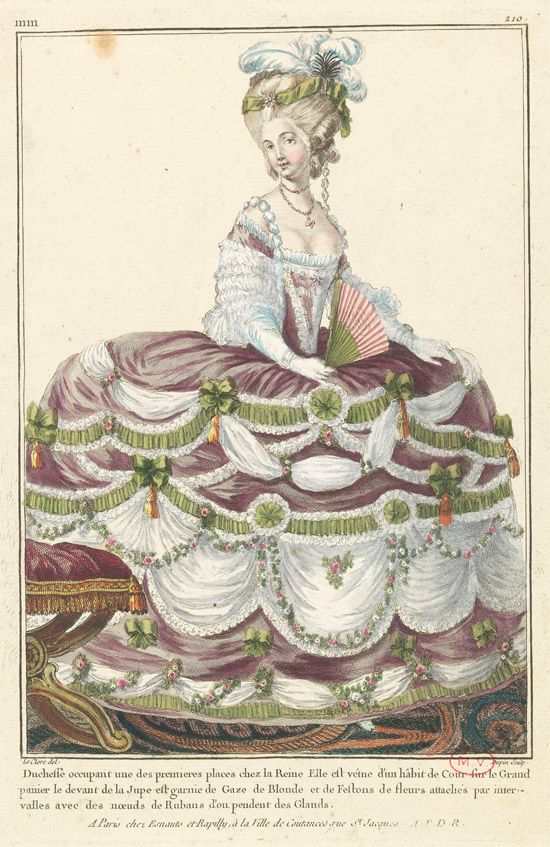 Duchesse occupant une des premières places chez la reine Marie-Antoinette - © RMN (Château de Versailles) / Gérard Blot Duchesse occupant une des premières places chez la reine Marie-Antoinette - Nicolas Dupin ( ?-après 1789), d’après Sébastien Jacques Leclerc (1736-1785) - © RMN (Château de Versailles) / Gérard Blot